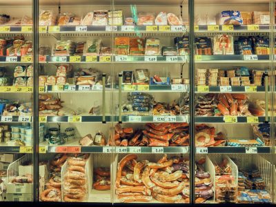 a display case filled with lots of different types of food